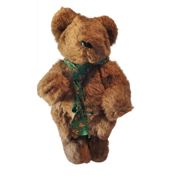 Vintage Brown Teddy Bear With Green Christmas Scarf - Picture 12 of 16